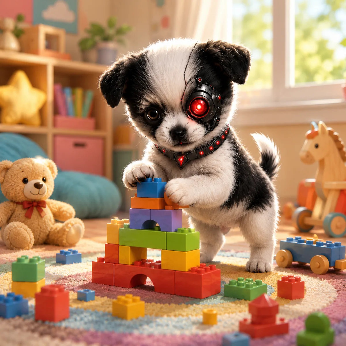 AMDOG building with blocks in a playroom